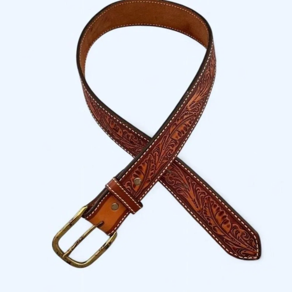 Circle Y Kids Brown Floral Tooled Leather Western Belt Size 28 Brass Buckle